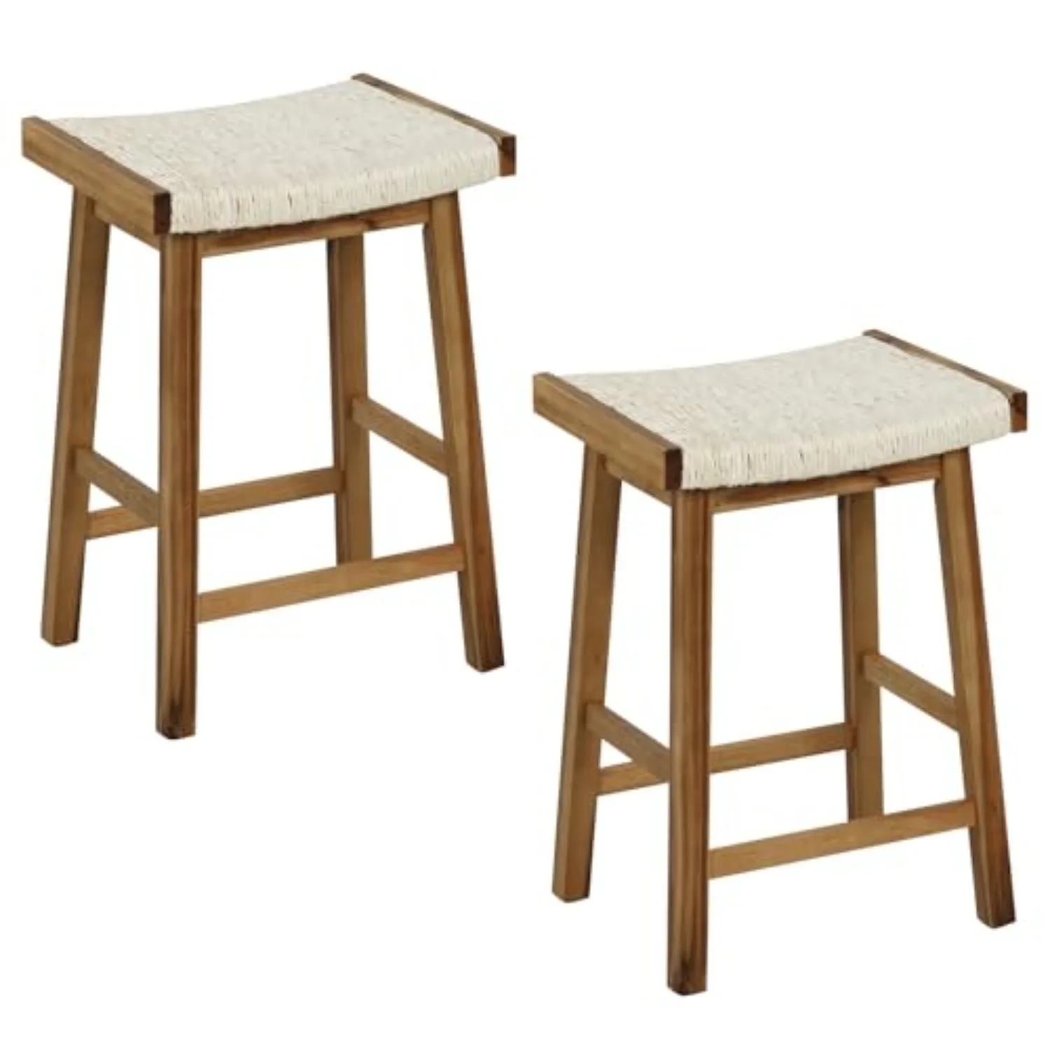 Bar Stools Set of 2, 25.5" Counter Height Saddle Stools w/Seaweed Woven Seat & Footrests, Bar Dining Chairs, Boho