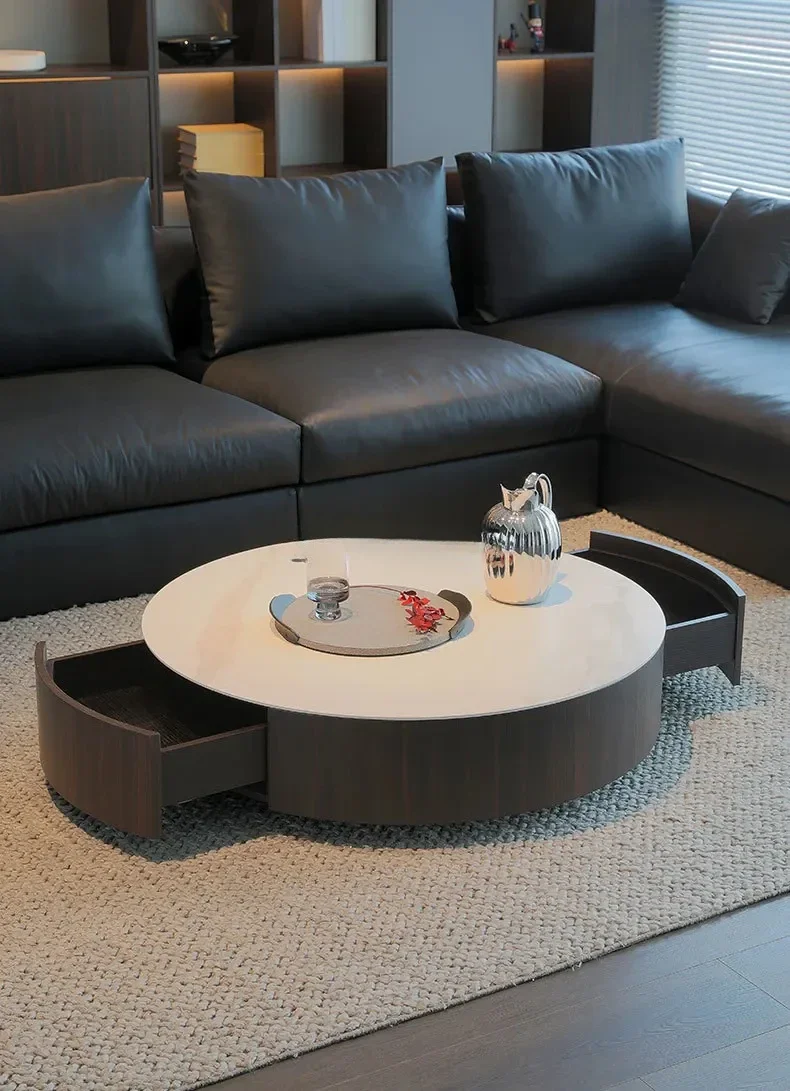 

Минималистичный журнальный столик с каменной тарелкой, комбинация ТВ-шкафа, минималистичная современная вилла, креативный круглый чайный столик