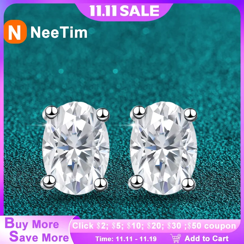 

NeeTim 2 Carat Oval D Color Moissanite Stud Earrings For Women 925 Sterling Silver Sparkling Diamond Earring Wedding Jewelry