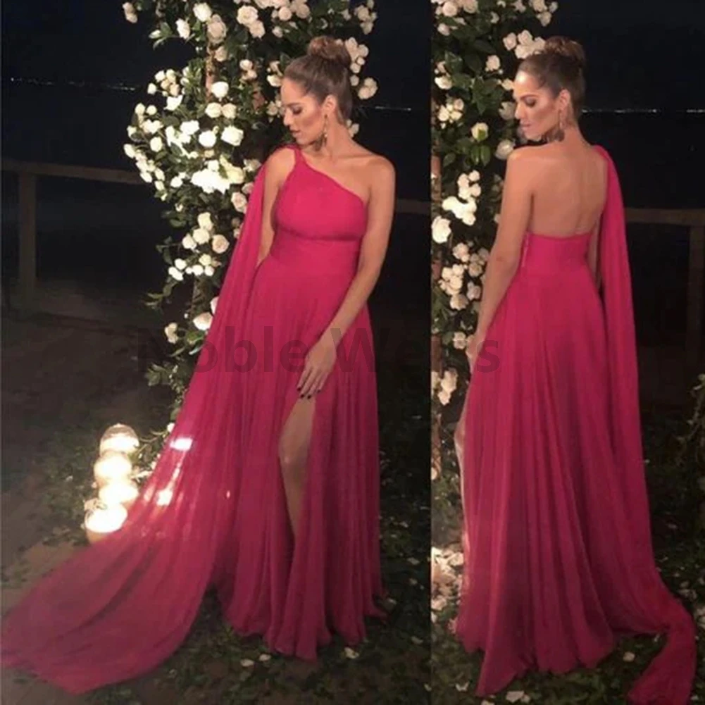 One Shoulder Chiffon Prom Dress A-Line Floor-Length Elegant Evening Gown with Split Customize