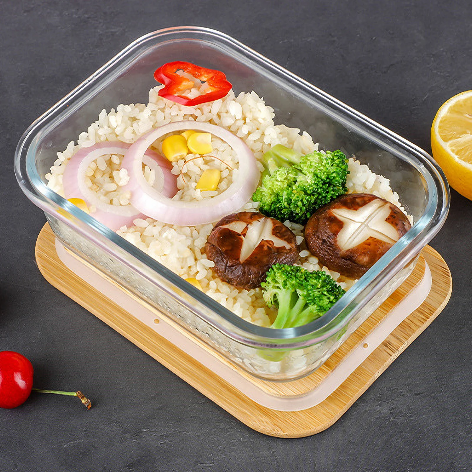 

Glass Lunch Box with Wooden Lid Portable Food Container for Work School Home Office Food Storage Lunch Case Bento Container