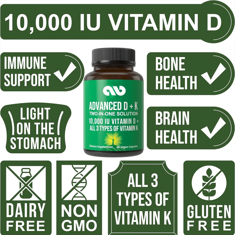 Vitamin D 1000 IU contains all three types of vitamin K capsules 10000 IU Vitamin D3 and Vitamin K2, K1, MK-7 (MK7), MK4