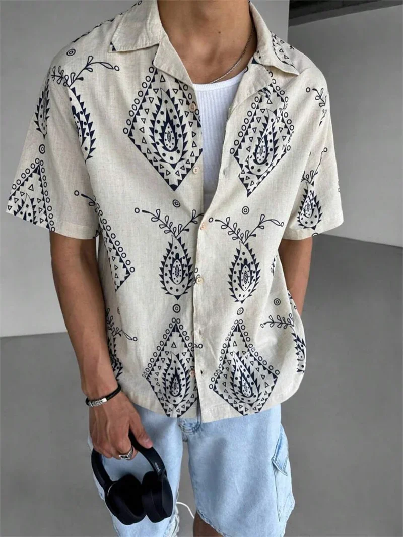 Men's Simple Casual Color-blocking 3D Printed Lapel Button Short-sleeved Shirt Slim-fit Hawaiian Vacation Casual Outdoor Top