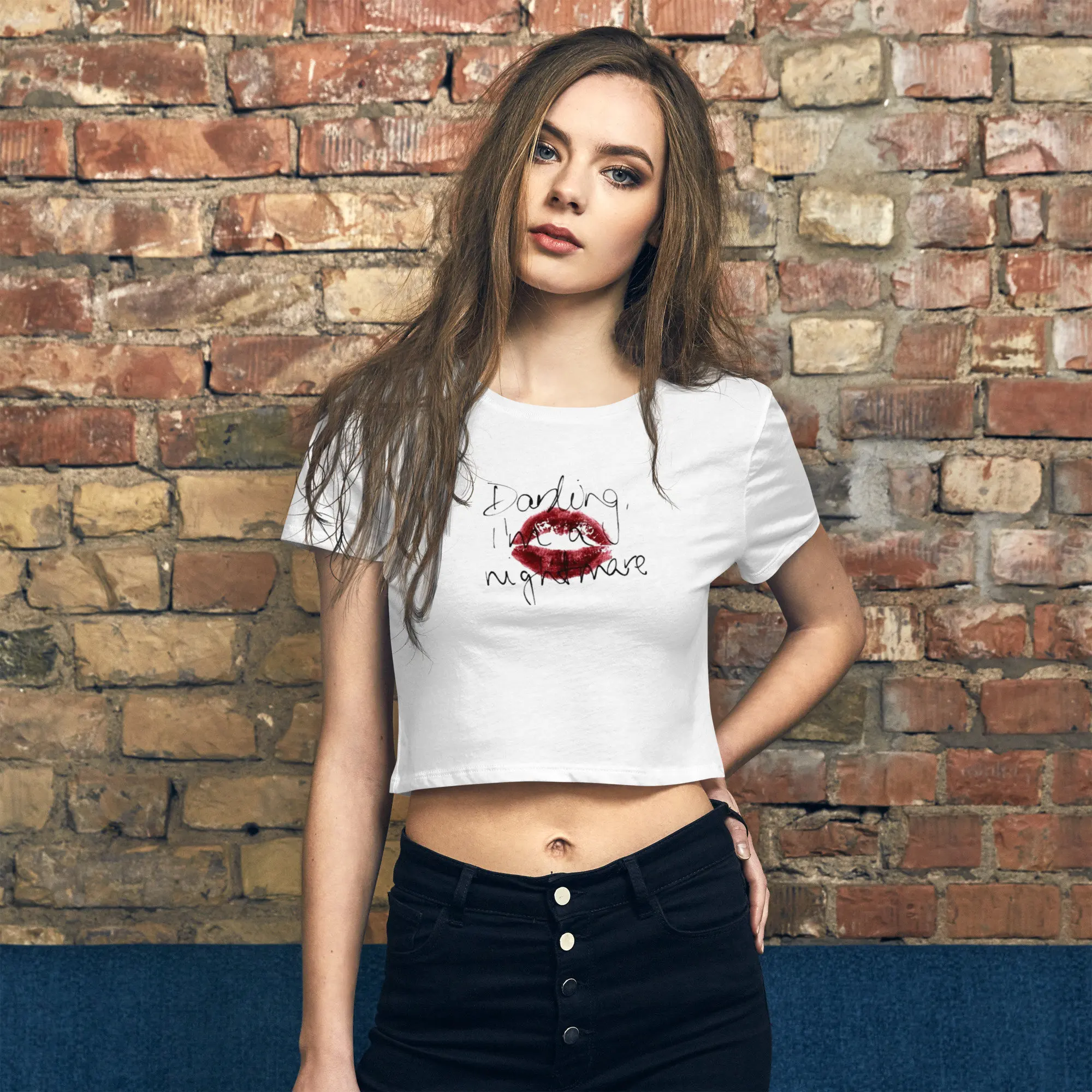 Red Lips Women’s Baby Tee, Red Lips Graphic Baby Crop Top, Darling I'm a Nightmare Crop Tops, Unique Graphic Tee