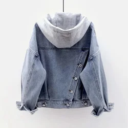 Blue Hooded Turn-down Collar Denim Jacket Women Loose Button Patchwork Outwear Jean Coat Female