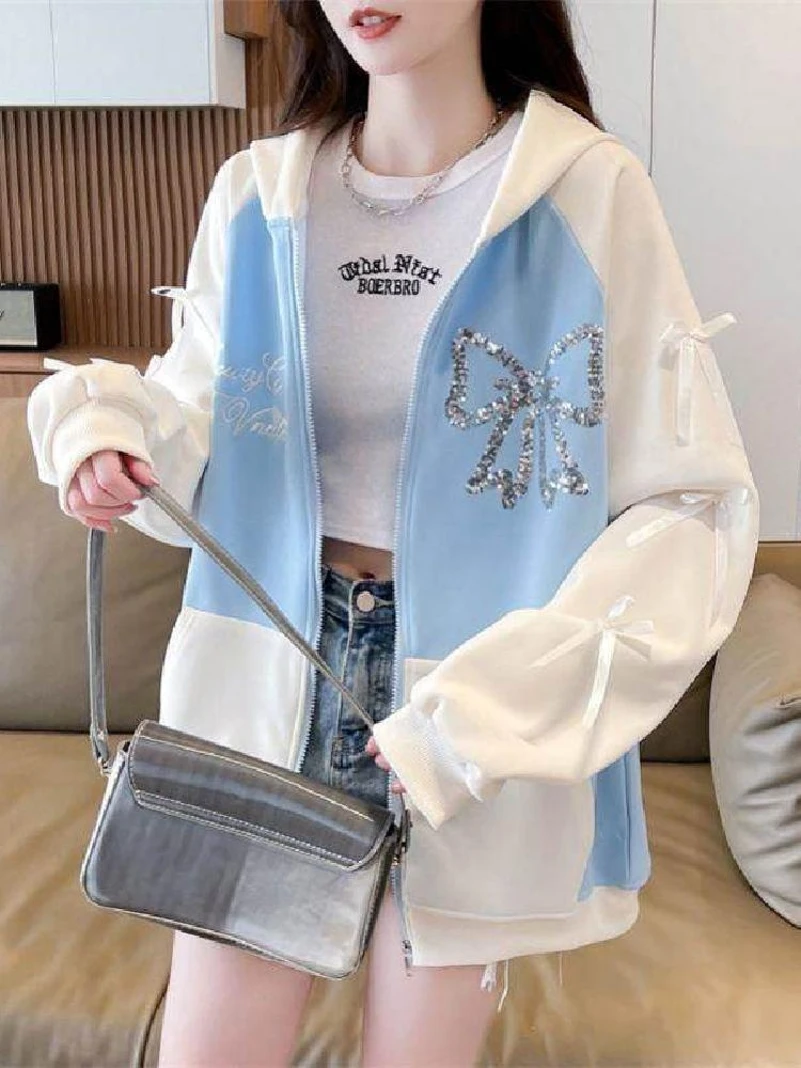 sweet-style-hooded-thin-fleece-cardigan-sweatshirt-women's-mid-length-korean-loose-spring-autumn-winter-color-block-pocket-ha