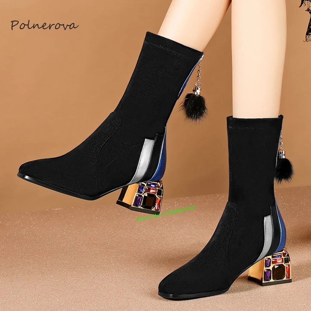 Newest Mixed-Color Crystal Heel Boots Pointy Toe Fur Ball Trim Boots Fashion Party Banquet Women Shoes 2023 Autumn Sexy Novelty