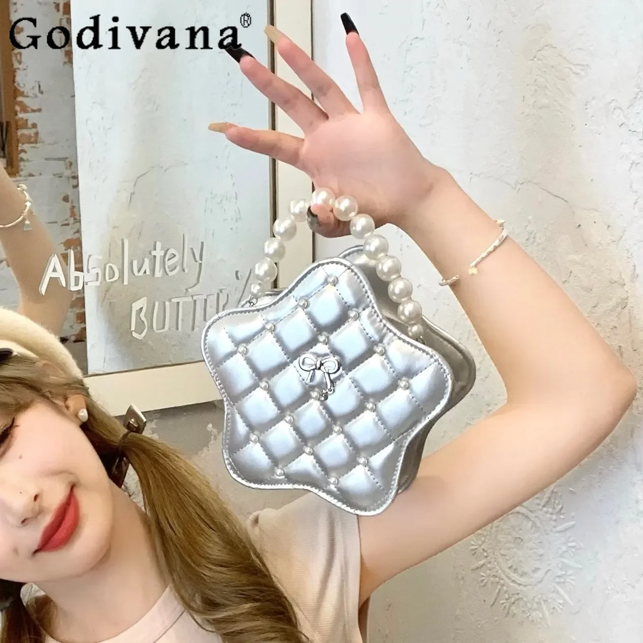 

Original Lolita Star Shape Handbag Women's Sweet Cute Bow Pearl Chain Messenger Bag Soft Girls Silvery Mini Handbag