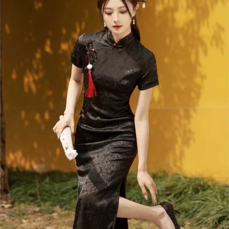 Black cheongsam new improved light temperament slimming Chinese long style