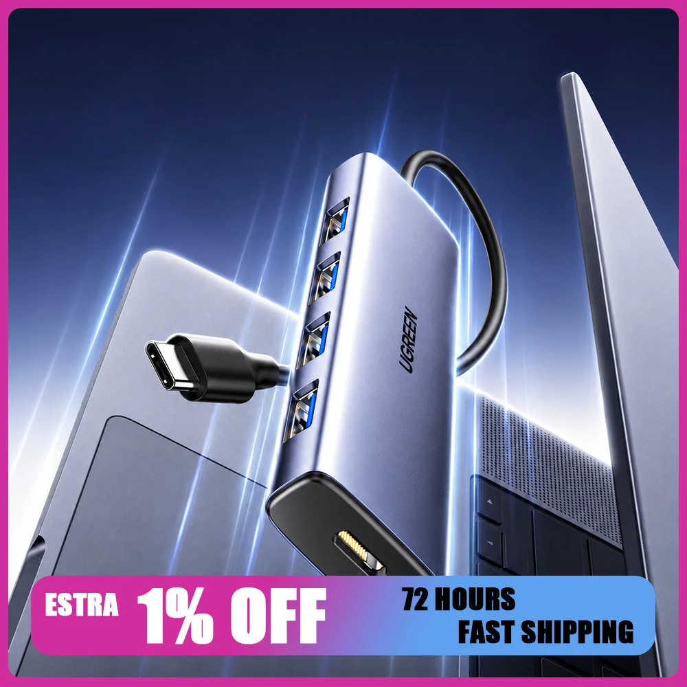 UGREEN CM858 65804 4-Port USB 3.0 Hub, USB-C to 4 USB-A 5Gbps Adapter, Aluminum Alloy, 0.2m Cable, USB-C 5V Power Input