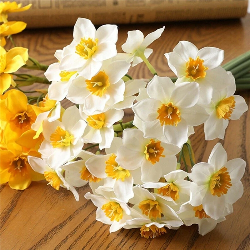 6Pcs/bunch White Artificial Narcissus Flower Bouquet Home Garden Desktop Decoration Floral Party Wedding Bridal Fake Flowers