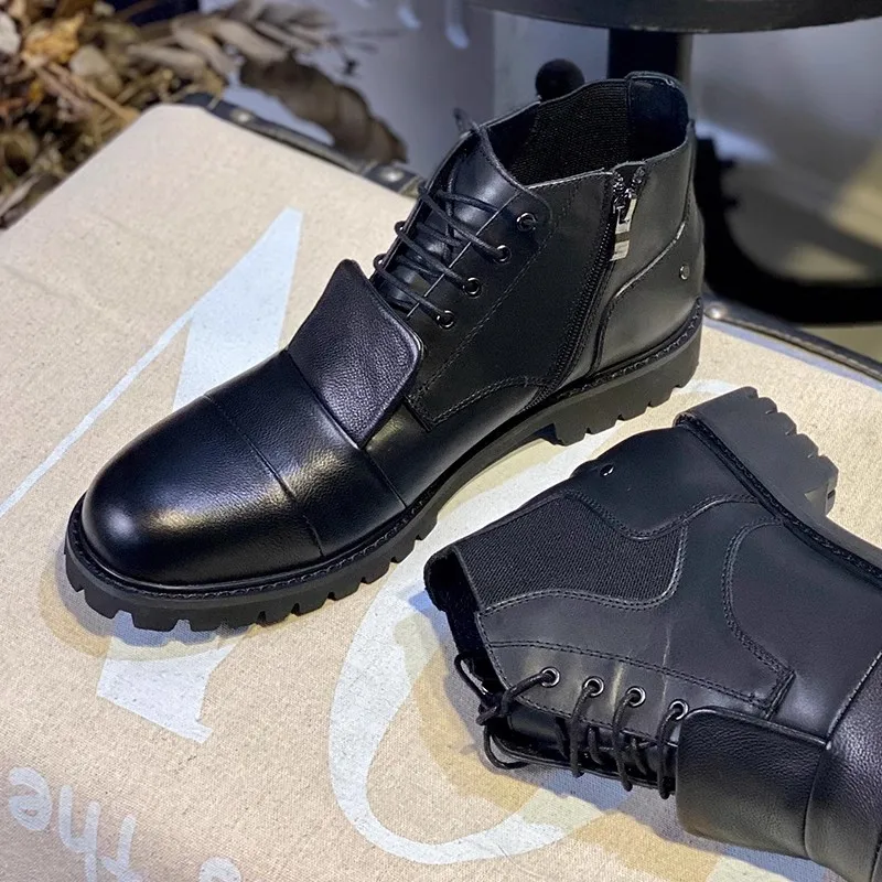 Autumn and Winter New Cross Strap Work Suit Short Boots Leather Casual Square Heels Elevated Large and Small Men's Boots