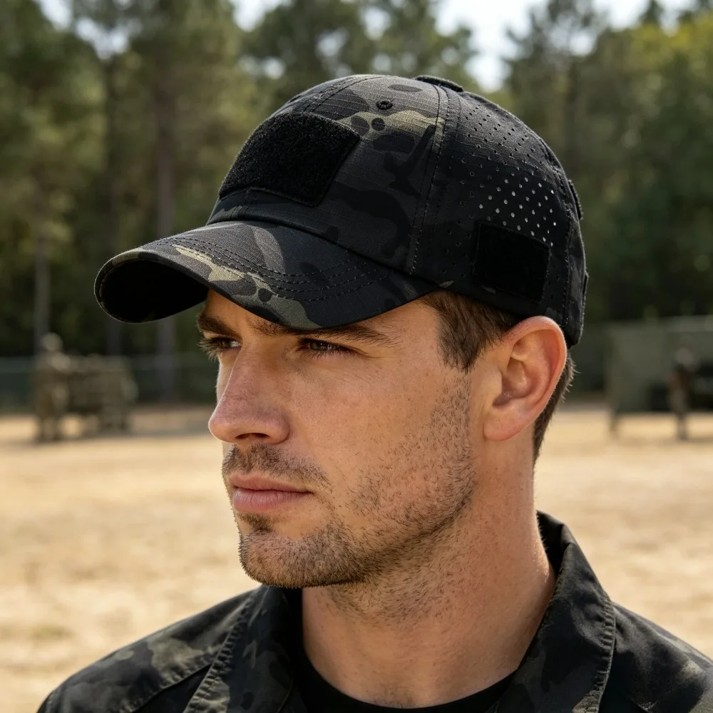 Tactical Baseball Cap for Men Breathable Perforated Hole Hat Hook and Loop Patch Compatible Outdoor Sports Hunting Hiking Adjust