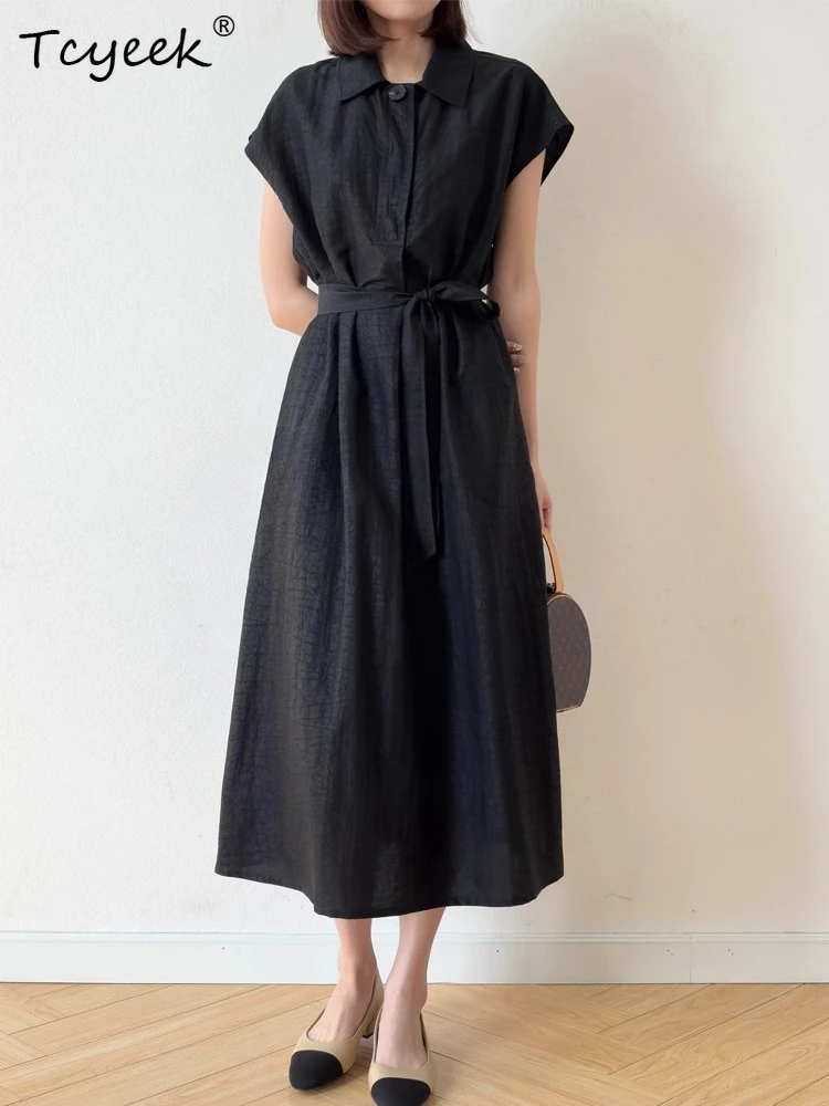 

Tcyeek 100% натуральное шелковое летнее платье из тутового шелкопряда для женщин 2026 года, винтажное, свободного кроя, с воротником поло, женская одежда, летнее платье