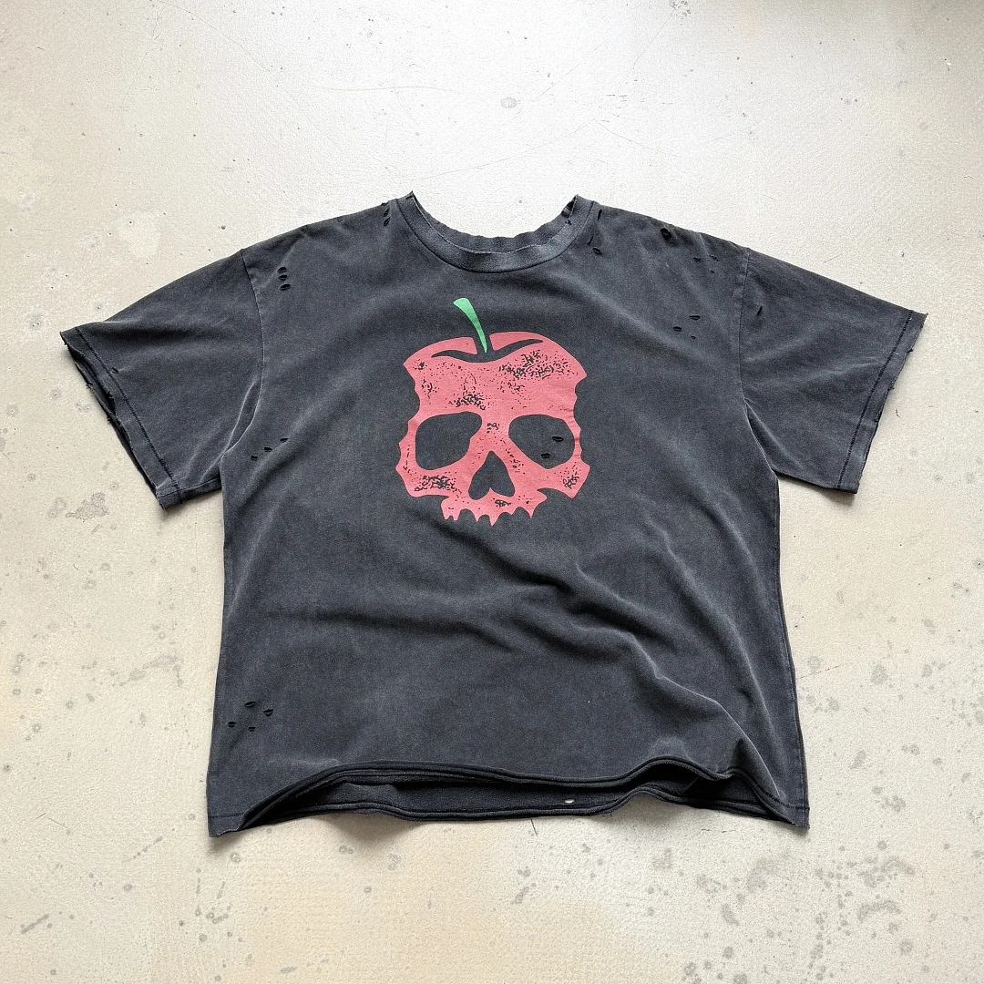 Unisex Vintage Washed Saint Black Distressed Ripped T-Shirt Apple Skull Graphic Y2K Streetwear Oversized Short Sleeve Cotton Tee