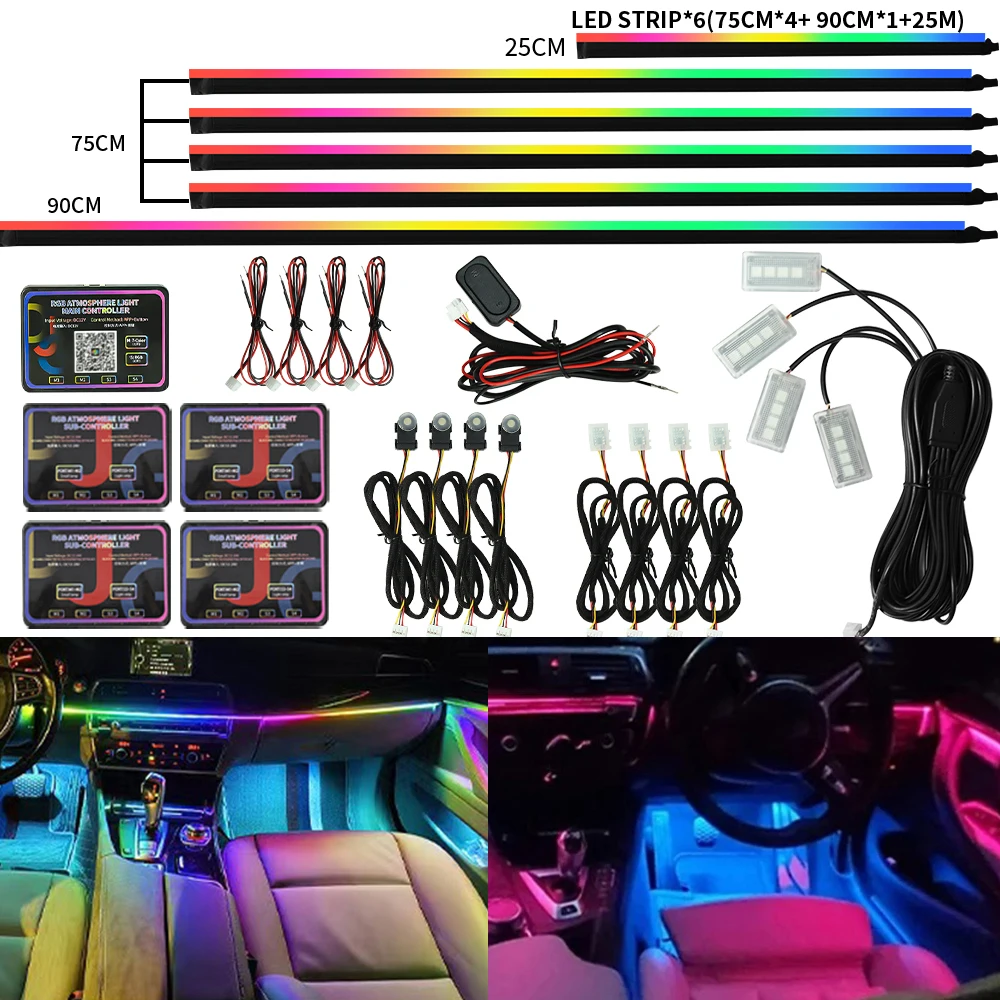 

12 В окружающий свет 6/10/18 в 1 для салона автомобиля RGB APP управление акриловая направляющая полоса света авто украшения атмосферная лампа