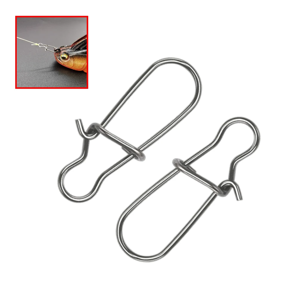 Aço inoxidável Pesca Swivel Connector, Ganchos Line Clip, Clip Bloqueio Carabiners, Fastener Pesca Snaps Tools, 50Pcs