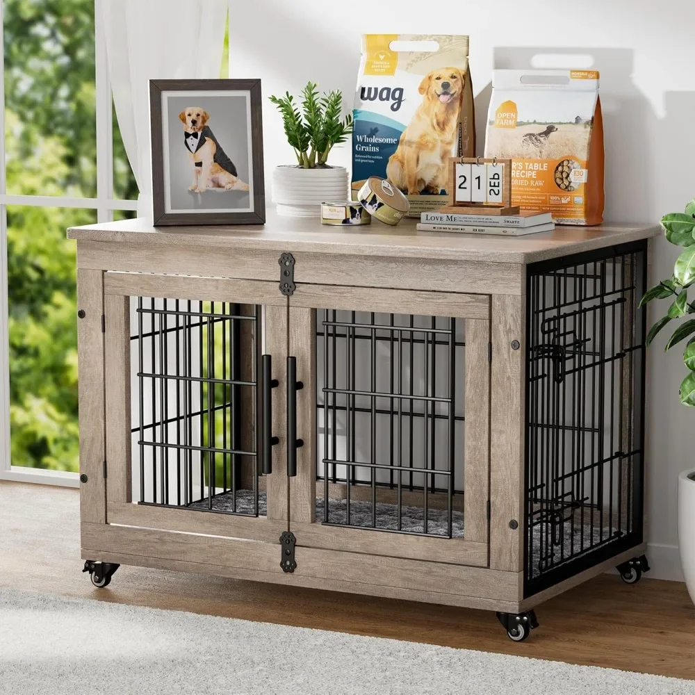 Dog Crate Furniture with Cushion, Wooden Dog Kennel with Double Doors, Heavy Duty Dog Cage End Table with Wheels,  32.5” L, Grey