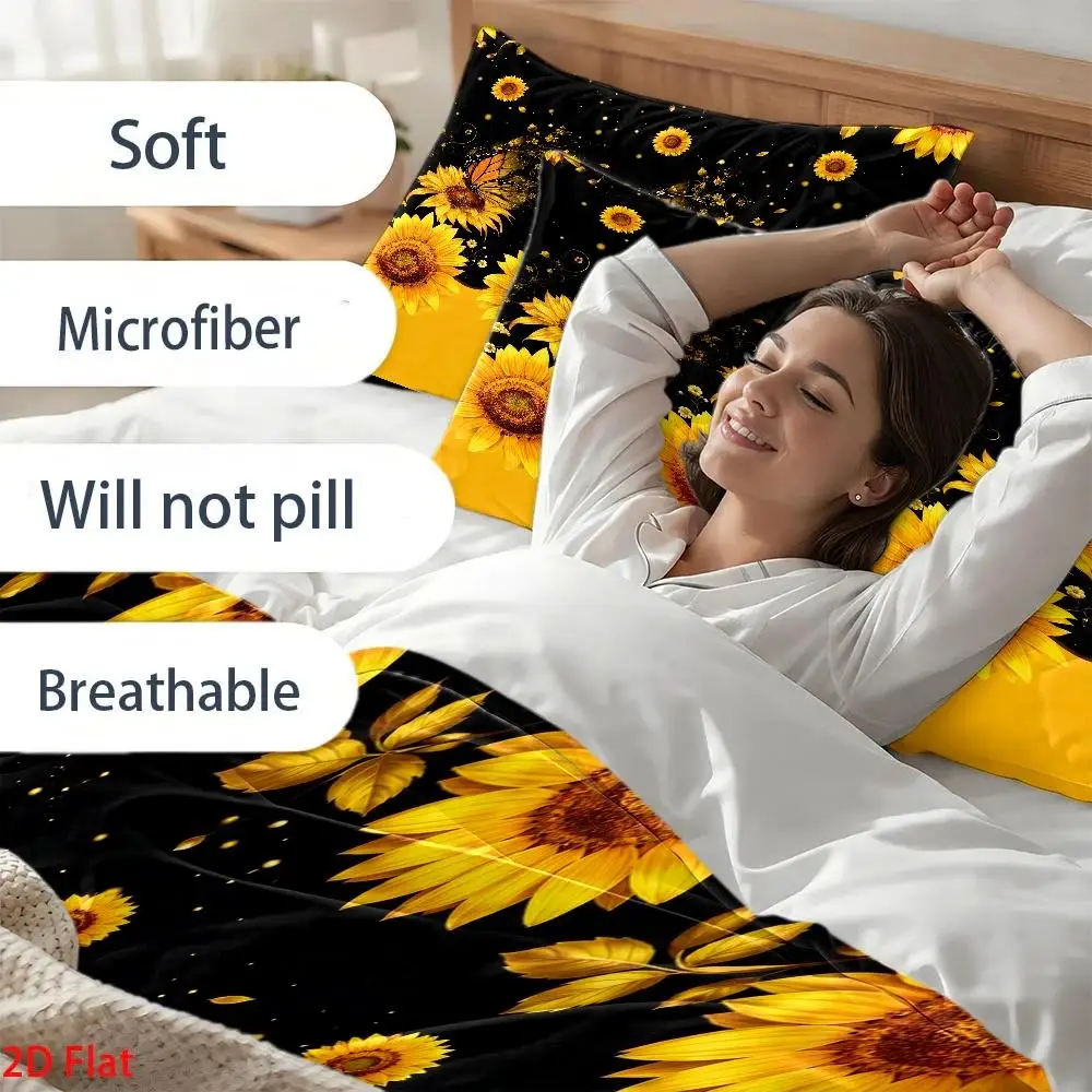 3Pc Sunflower Butterfly Print Duvet Cover Set, Bedding Three-Piece Set (1*Duvet Cover + 2*Pillowcases), Light Luxury Style, Skin-Friendly, Breathable, Machine Washable, Suitable for All Seasons, Polyester Woven, Suitable for Home, Dormitory, Master Bedroom, Guest Room, Anti-Wrinkle, Easy to Clean, Durable, Modern Minimalist Nordic Style, Double Bedding for Cozy Home Living, Student Dormitory Bedding with Invisible Zipper, Bed Cover Set for Large Double Bed, 2D Flat Print, Price History