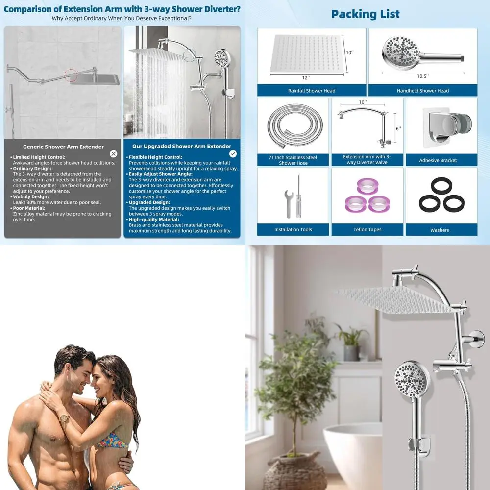 

12-дюймовый душевой комплект премиум-класса с ручной лейкой, 16-дюймовым удлинительным кронштейном, 10 режимами распыления, 71-дюймовым шлангом, хромированная отделка