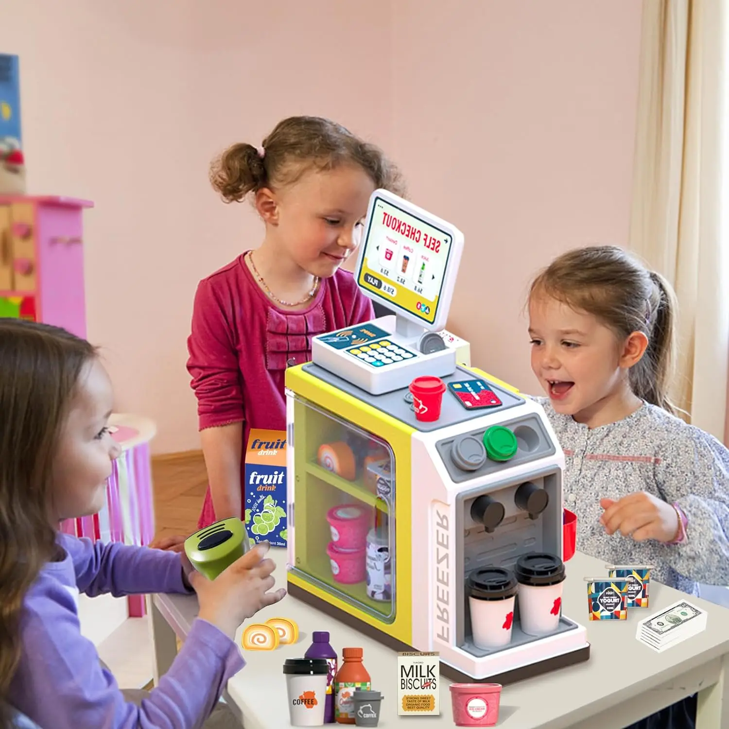 2 in 1 Simulation Supermarket Cash Register Coffee Machine Toys Pretend Play Toy with Scanner and Calculator Play food for Kids