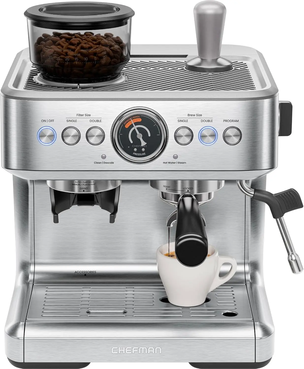 

15 Bar Espresso Machine with Milk Frother, Coffee Grinder, 30 Settings, 3L Removable Tank - Stainless Steel