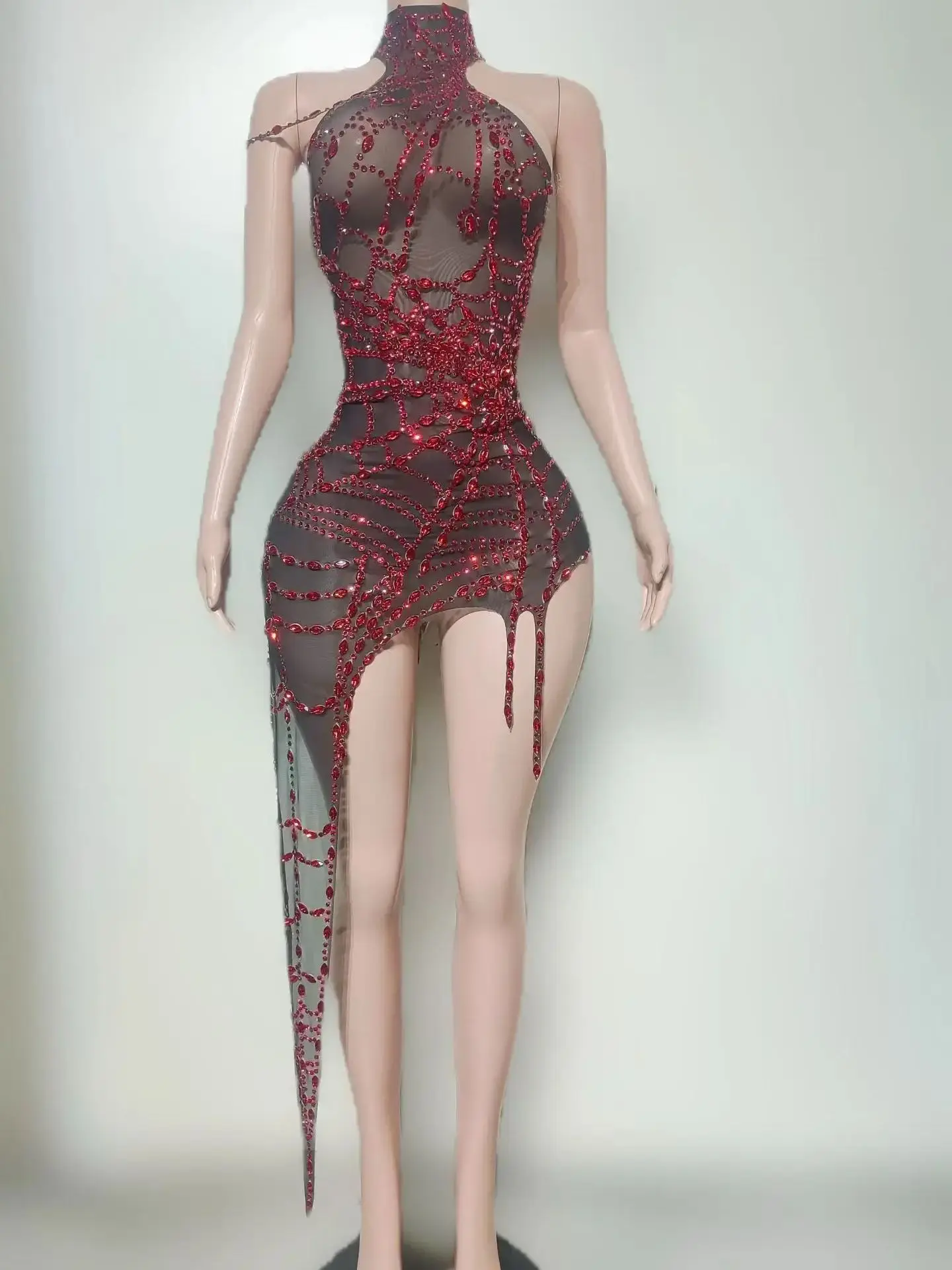 

Women Sexy Sparkly Red Mesh Crystal Stretchy Night Club Singer Dancer Shinning See Through Stage Costume Party Bodysuit