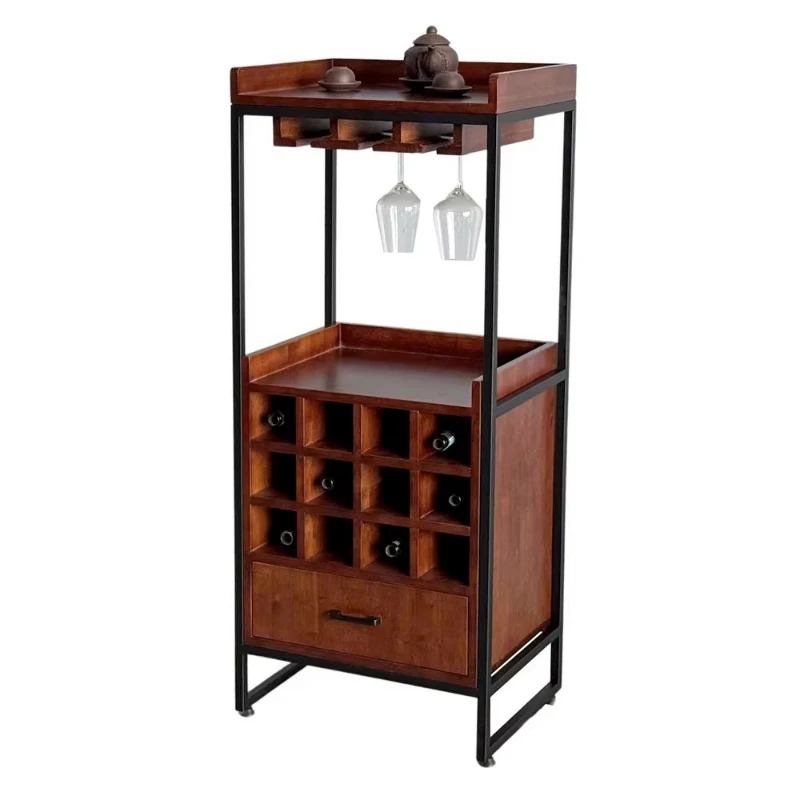 Solid oak natural wood wine cabinet modern design, iron aluminum wine glass holder, can hold 10-19 bottles