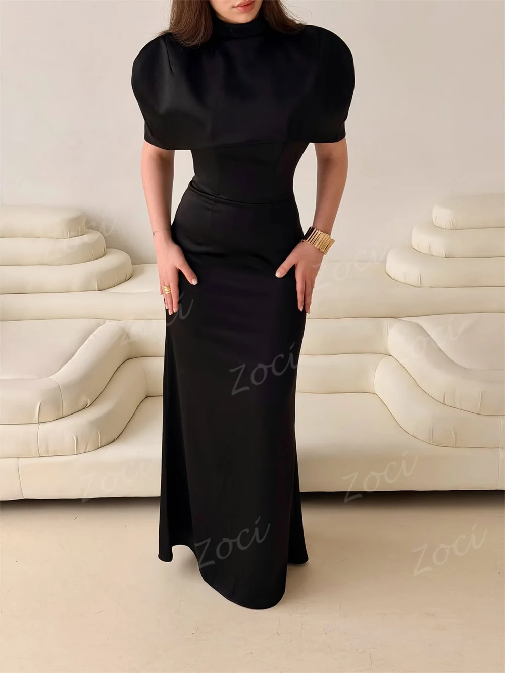 Sukienka wieczorowa Zoci, formalna, satynowa, z wysokim dekoltem, rękawami 3/4, krój syreny, na kolację, bankiet, czarna sukienka dla gości weselnych, szyta na miarę.