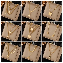 XIYANIKE 316L Stainless Steel Women's Necklace Double Layer Gold Color Geometric Pendant Necklaces Women Fashion Girls Jewelry