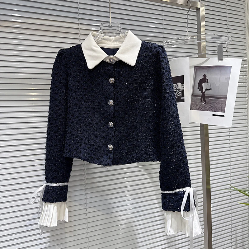 2025 Autumn New Small Fragrant Style Splicing Lapel Collar Strap Sleeve Color Blocking Short Style Coat+Tweed Shorts Set