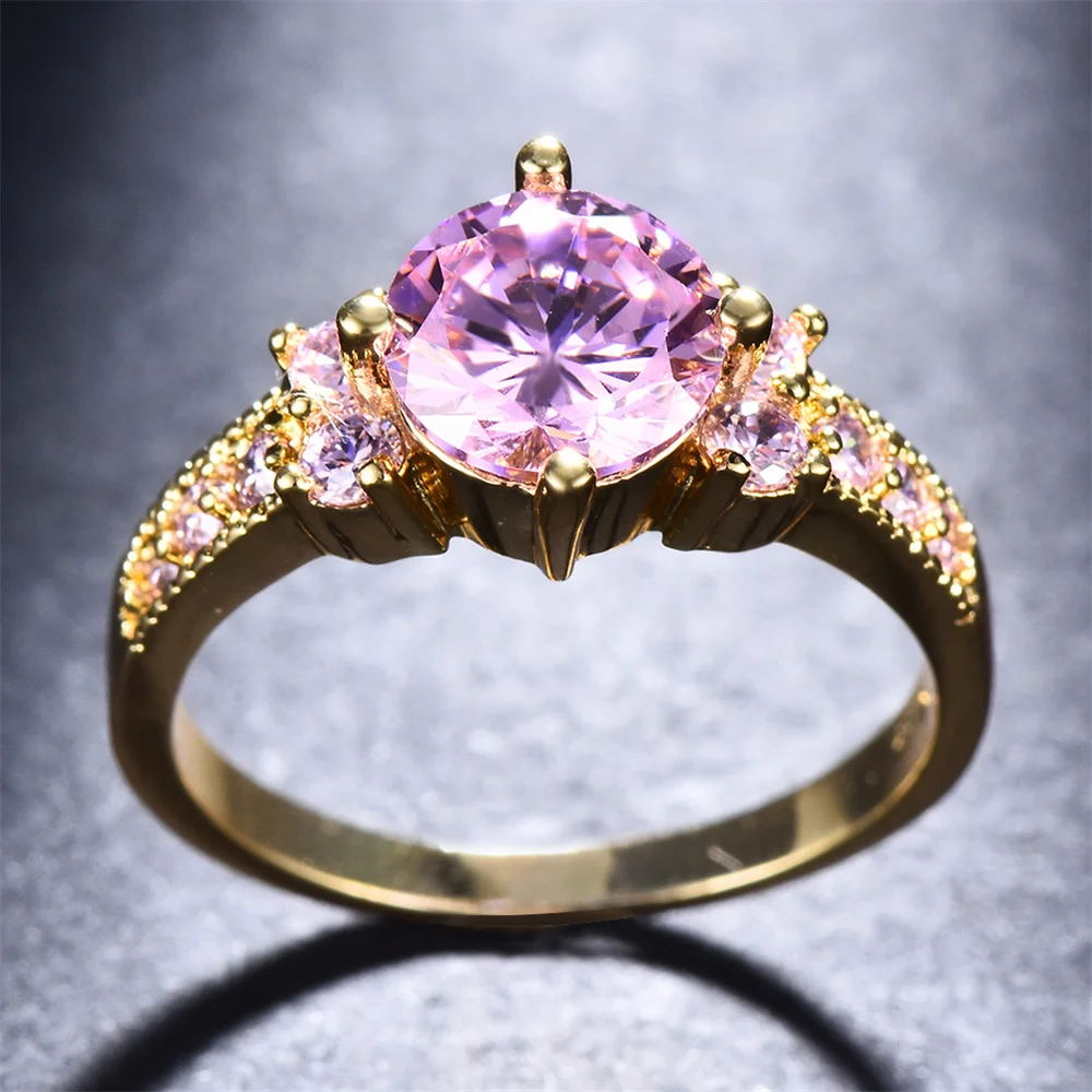 Elegant Pink Crystal Round Stone Engagement Rings For Women Vintage Gold Color Wedding Band Birthstone Jewelry Mother\'s Day Gift