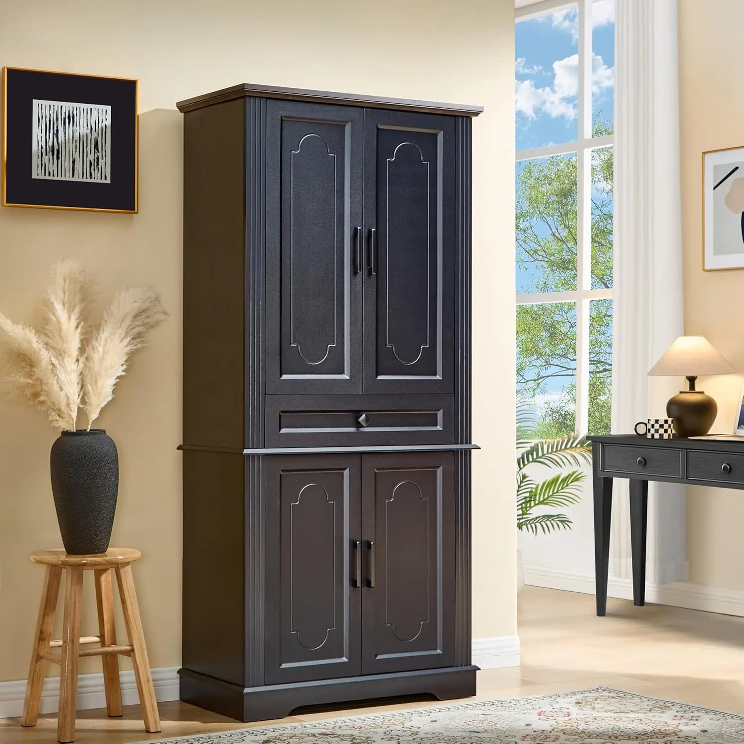 

71" Black Tall Pantry Cabinet with Drawer and Adjustable Shelves, Modern Storage Cabinet with Doors, Kitchen Buffet Cabi