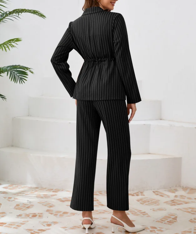 Moda damska Casual Suit Set 2024 Autumn New Style Commuter Striped Collar Straightened Suit Coat Straight Pants 2-częściowy zestaw