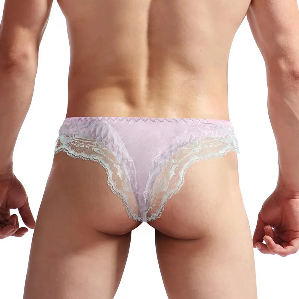 Sexy Men Sissy Thong Pouch Long Sheath Panties Lace Sheer G-String Low Rise T-back Bikini Underwear Seduction Erotic Lingerie