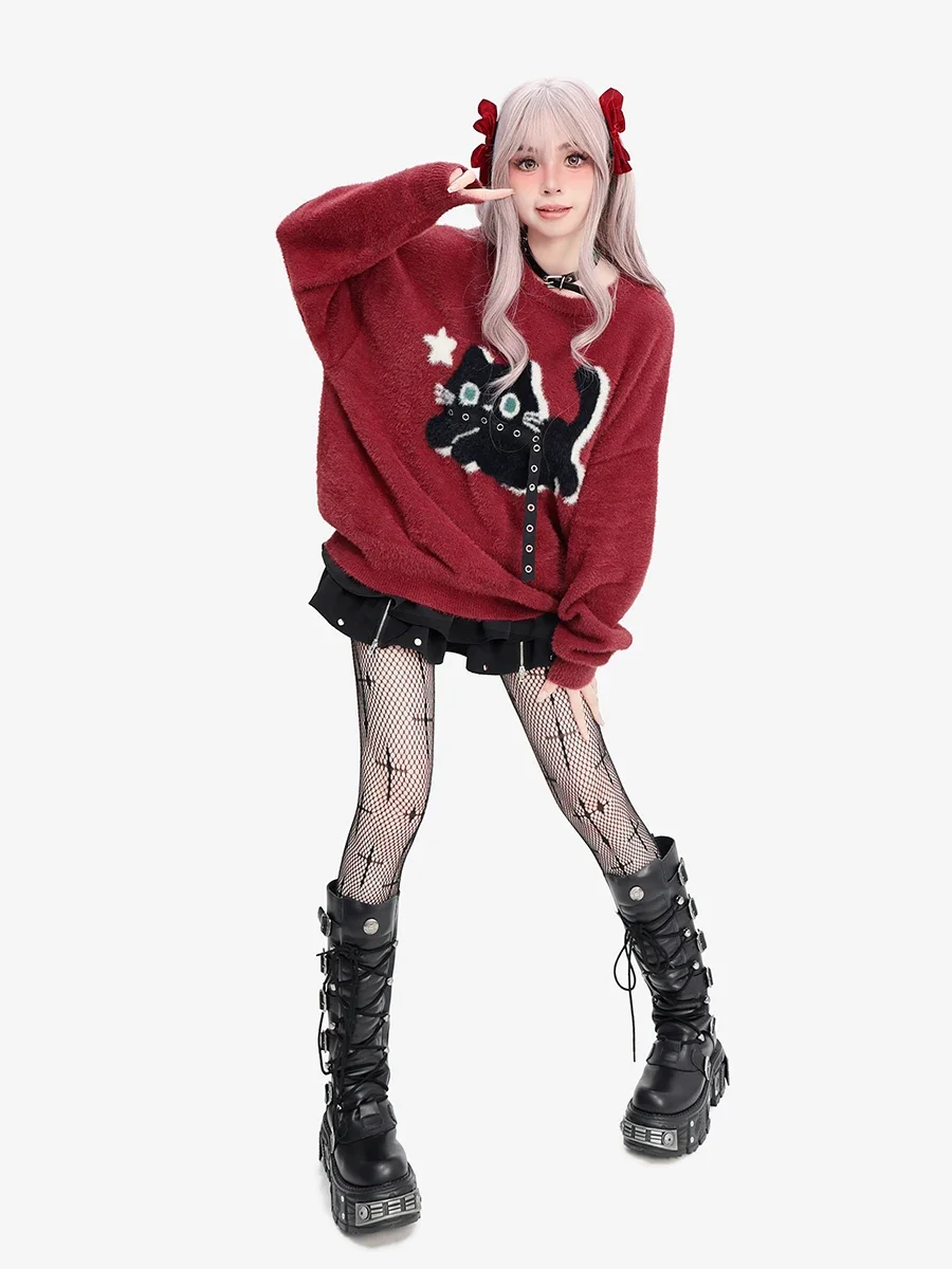 Japanese Subculture Y2K Clothes Round Neck Long Sleeve Cute Cartoon Cat Loose Casual Soft Knitted Pullovers Sweater Women Winter