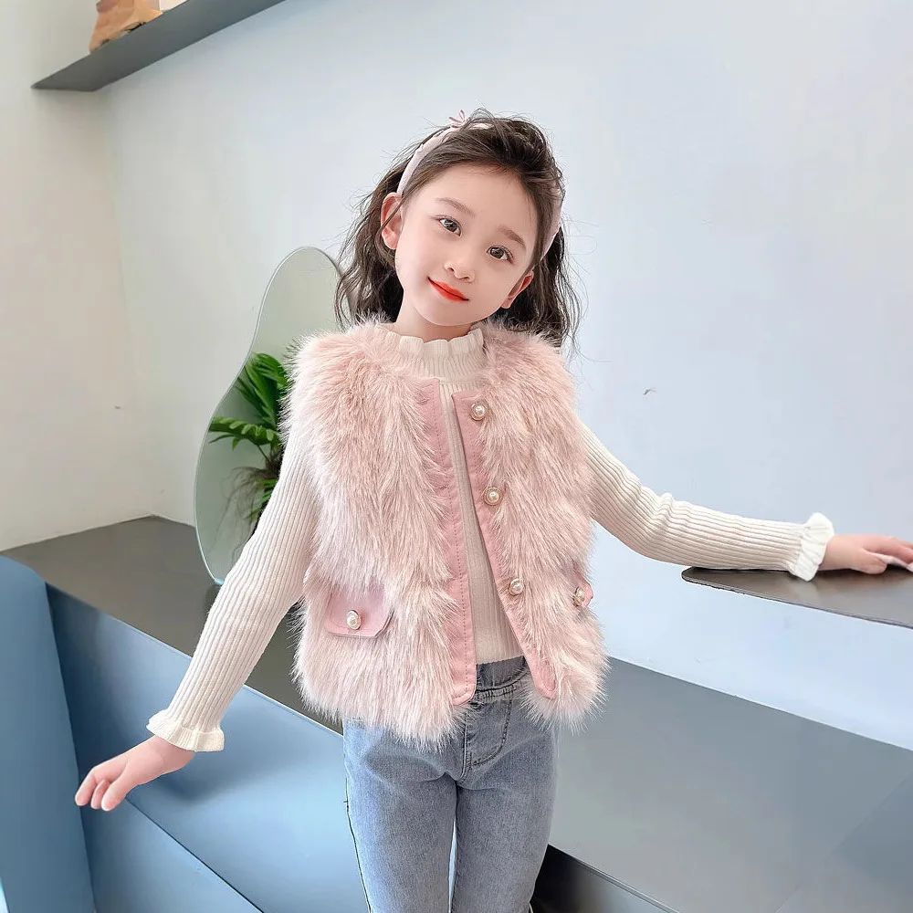 Girls' clothing 2025 autumn and winter Korean version vest thickened imitation rabbit fur jacket children's foreign fashion top