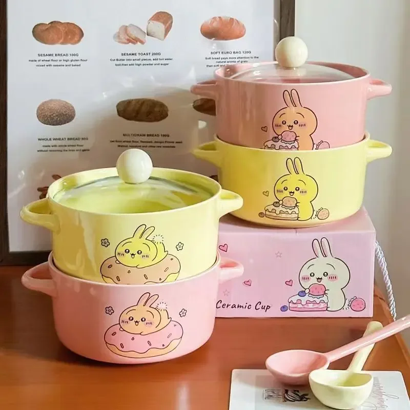 Cute Usagi Ceramic Instant Noodle Bowl with Lid Spoon Instant Double-eared Snail Noodle Bowl Soup Bowl うさぎ Chiikawa