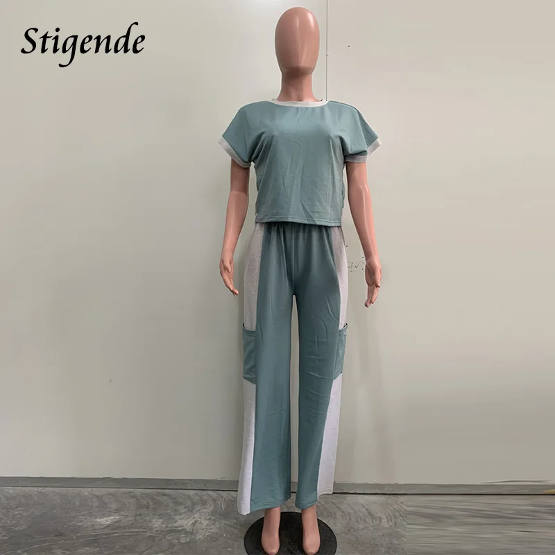 Stigende Patchwork Color Block 2 Piece Set Women Backless Crop Top and Wide Leg Pants Loose Two Piece Set