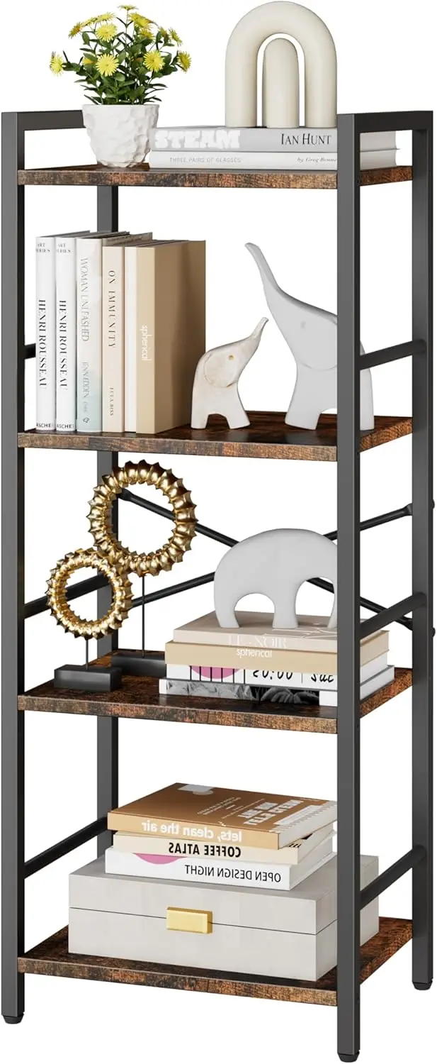 4-Tier Bookshelf, Tall Bookcase with 4 Open Shelves, Metal and Wood Office Book Shelf Bookcase, Standing Storage Organizer Shelf