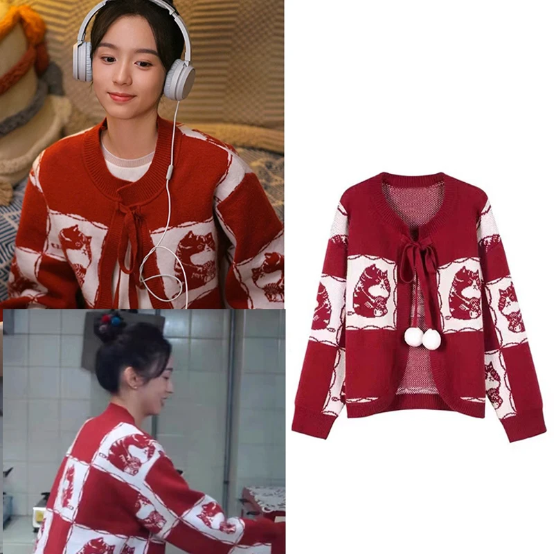 

Winter New Year Red Coat Knitted Cardigan Women Kpop Outfits Jazz Dance Sweater Adults Stage Performance Costumes DWY9759