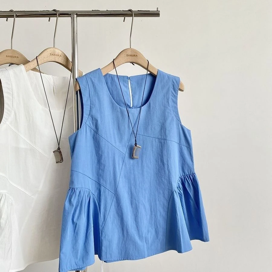 Korean Short Sleeved Solid Top Women's Loose Fitting Pleated Round Neck Vest Summer New Fashionable A-line Skirt Shirt Tee