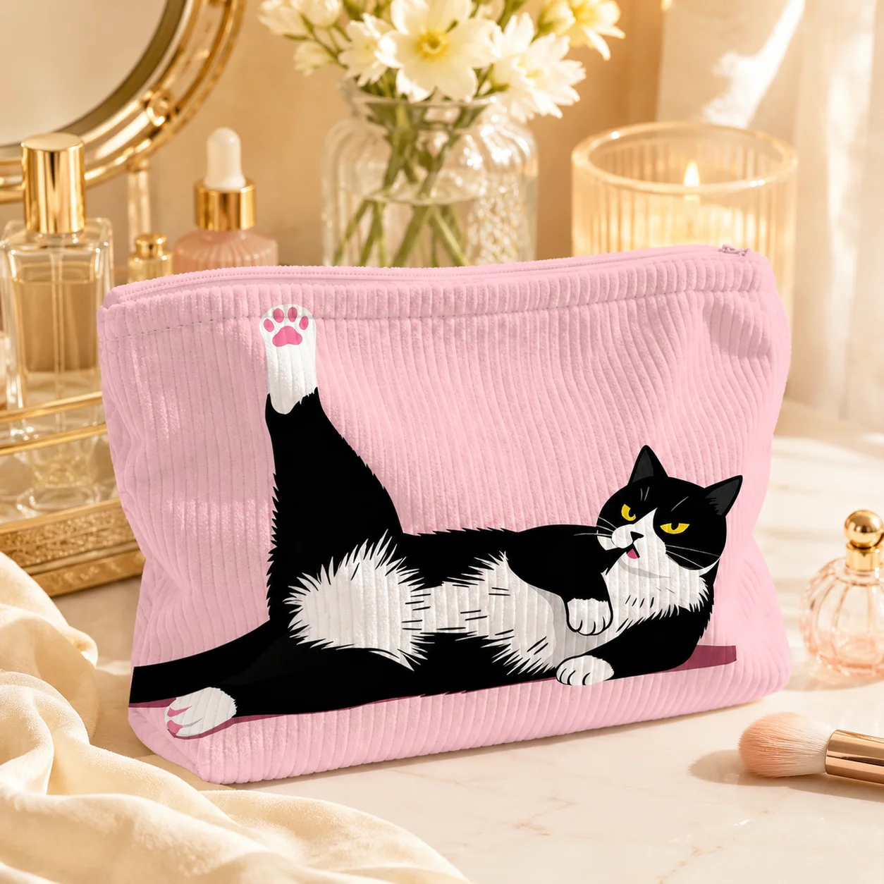 Pink Cat Cosmetic Bag Soft Corduroy Makeup Pouch Funny Tuxedo Cat Travel Toiletry Organizer Zipper Storage Case for Women