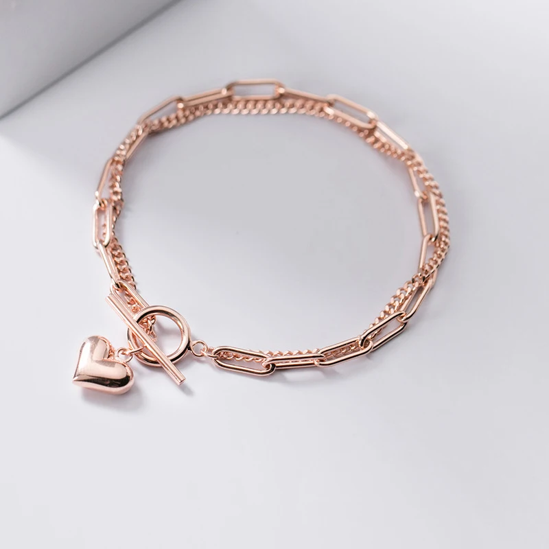 Modian 100% 925 Sterling Silver Sweet Hearts Chain Link Two Layer Classic Basis Bracelet Bangle for Women Fashion Fine Jewelry