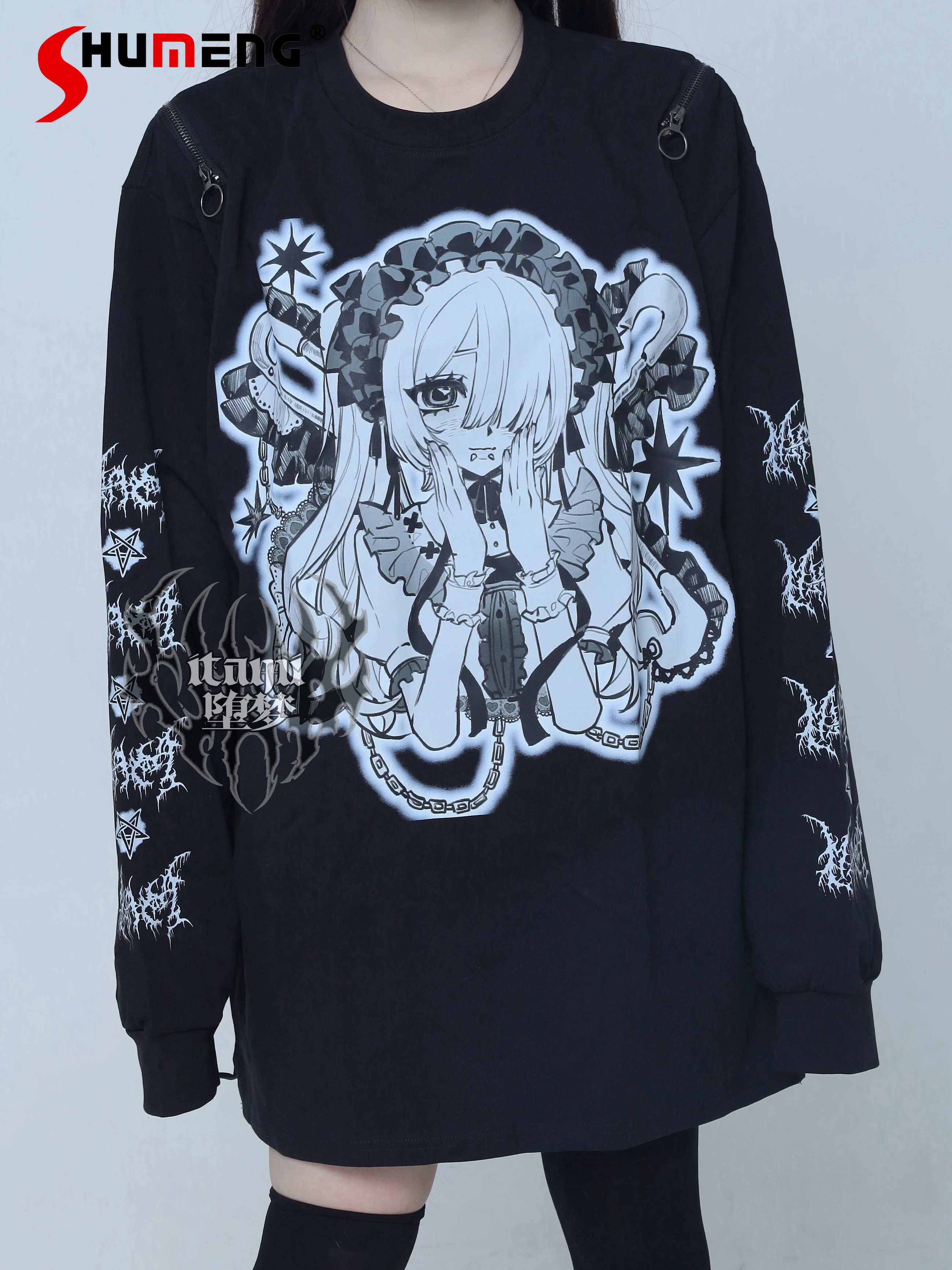 

Original Subculture Dark Gothic Loose Long Sleeve T-Shirt Spring Autumn 2025 Girls' Sweet Cool Fashion Cute Print Y2K Tops Women