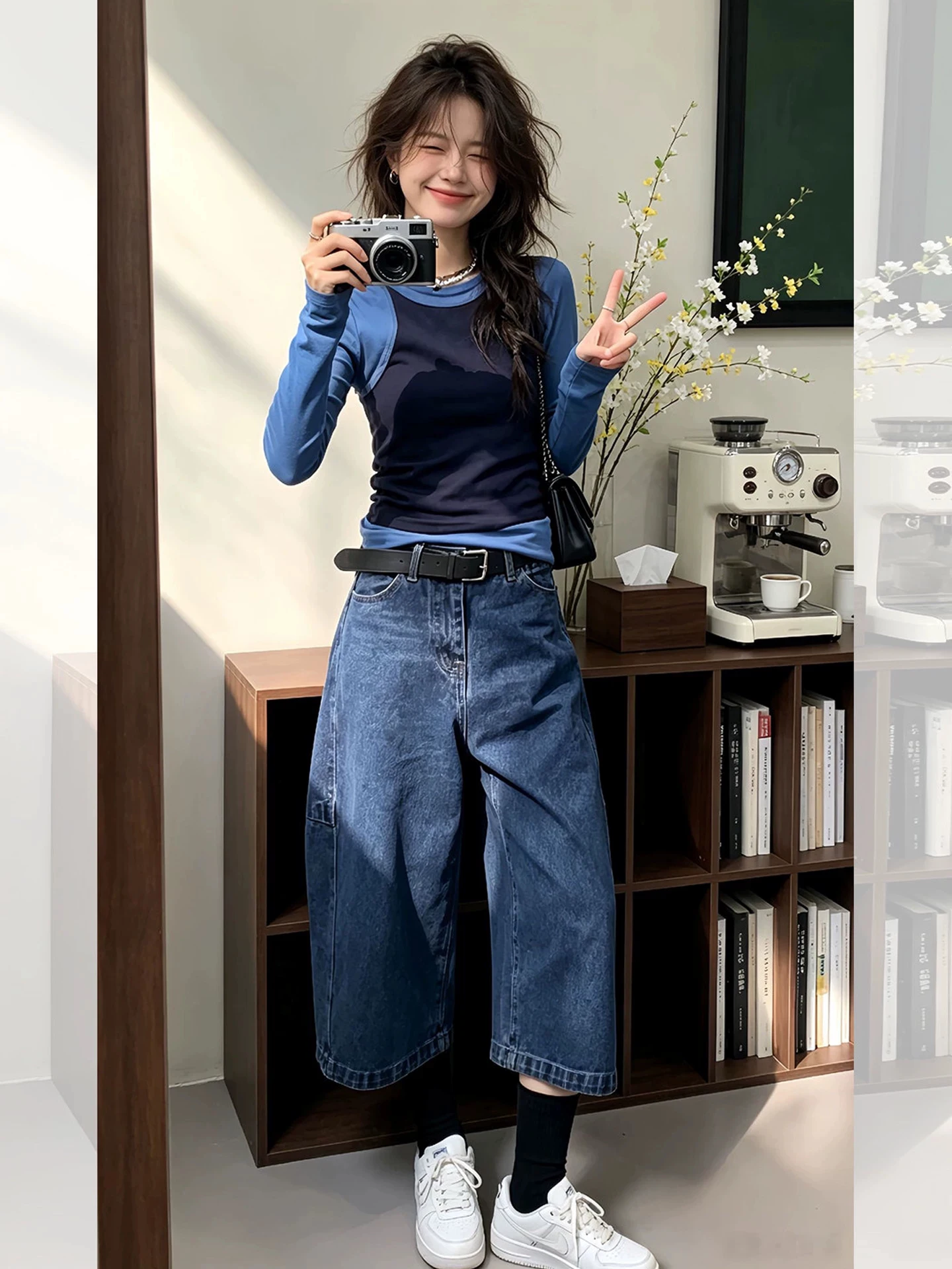 Loose Fit round Neck Long Sleeve T-Shirt Set in Royal Blue Color for Women Comfortable Breathable Cotton Polyester Blend