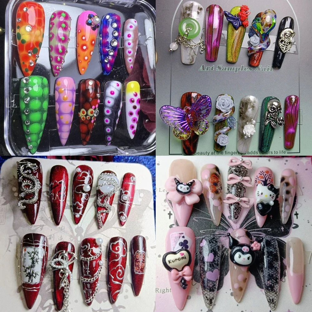 

High Quality Gothic Dark Punk Style Handmade Fake Nails Y2K Eyes Metal Chain Butterfly Flowers Long Stiletto Coffin False Nail