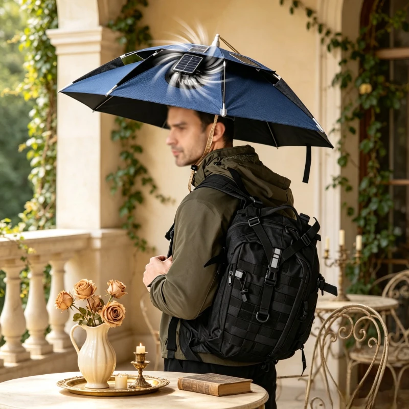 Solar Powered Fan Umbrella Hat UV Protection Fish Headgear Stainless Steel Frame Double Layer Sunshade Cap Breathable for Angler