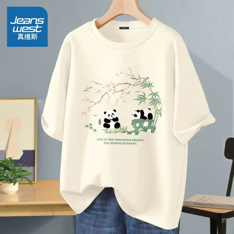 

Summer Pure Cotton O-neck Pure Cotton Loose Top Tees Cartoon Panda Printed Pullover Basics T-shirt