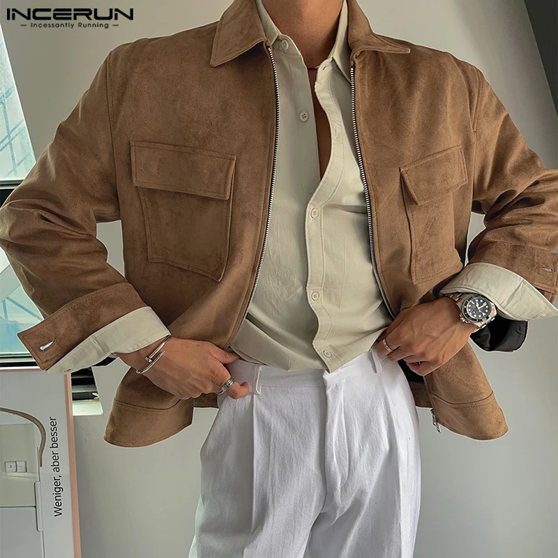 

INCERUN Handsome New Men's Tops Fashion Solid Suede Jacket Coats Male Streetwear All-match Loose Long Sleeved Jacket S-5XL 2024